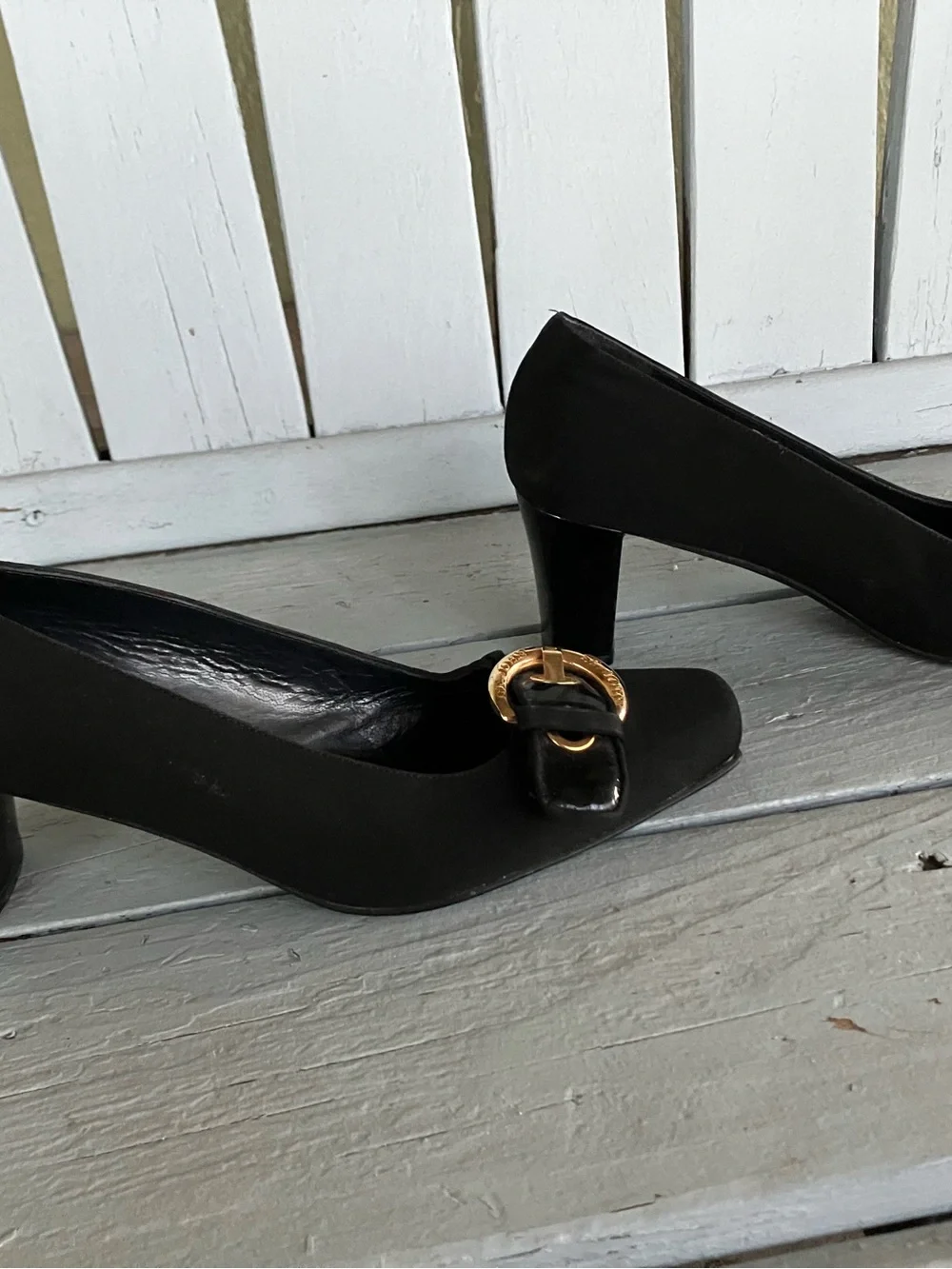 St. John Black Pumps with Gold Buckle Accent (Slim Size 9)